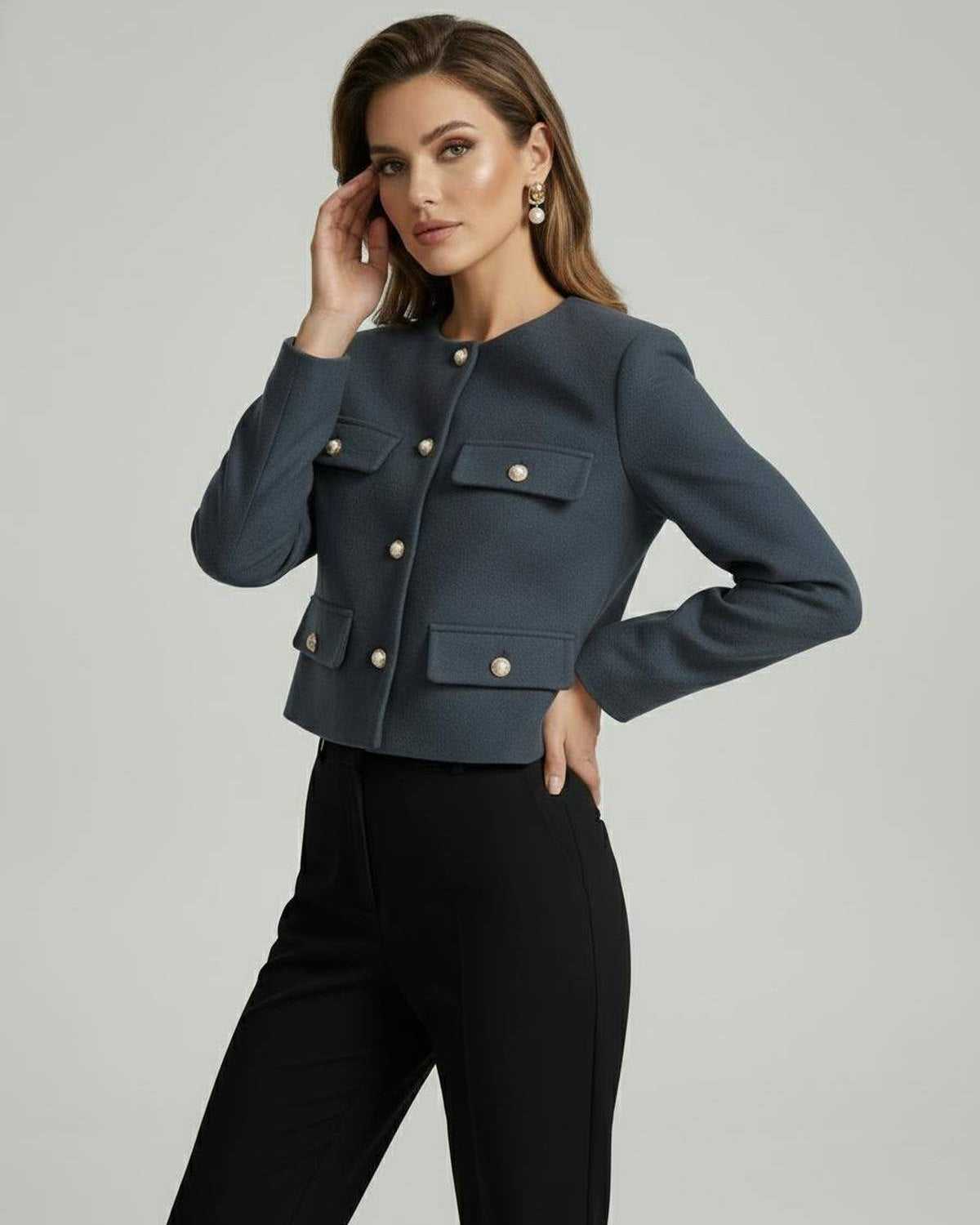 Rage Jacket by RAMBLION in slate blue, wool blend, chic cropped design with gold-tone buttons, perfect for stylish occasions.