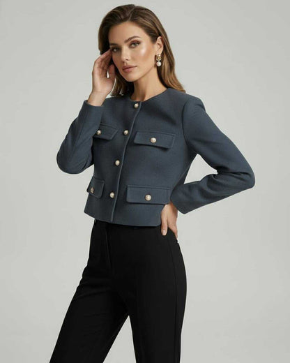 Rage Jacket by RAMBLION in slate blue, wool blend, chic cropped design with gold-tone buttons, perfect for stylish occasions.
