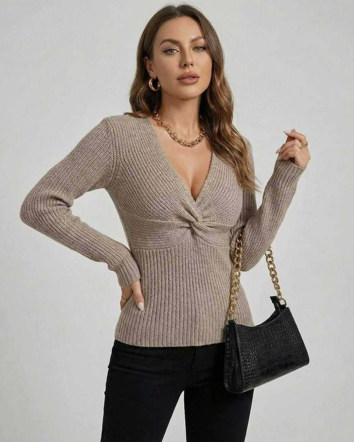 Sienna Sweater - Women’s V Neck Sweater with Twisted Front, RAMBLION long sleeve knit outfit.
