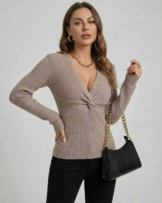 Sienna Sweater - Women’s V Neck Sweater with Twisted Front, RAMBLION long sleeve knit outfit.