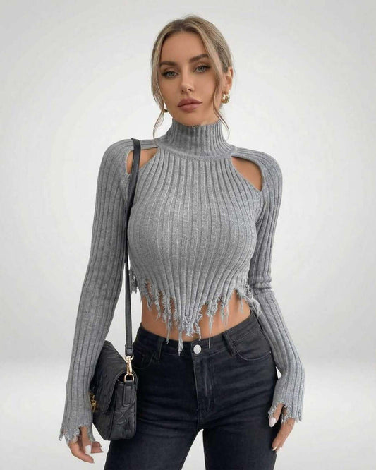 Ragu Sweater featuring a ribbed knit pattern, stylish cut-out design, perfect for casual outings, by RAMBLION.