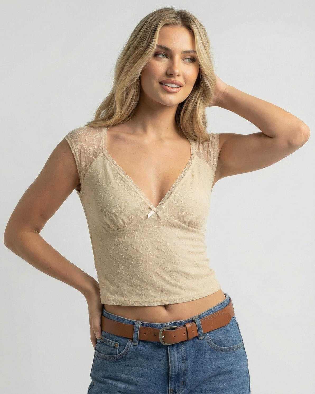 Rida Top by RAMBLION, beige lace mini dress, elegant V neck for stylish summer occasions.