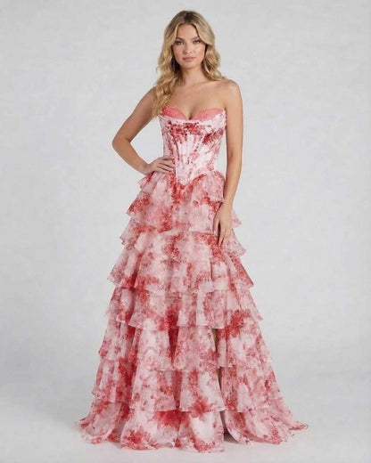 Roma Maxi Dress by RAMBLION, red satin strapless gown with high slit and tiered layers, perfect for elegant occasions.