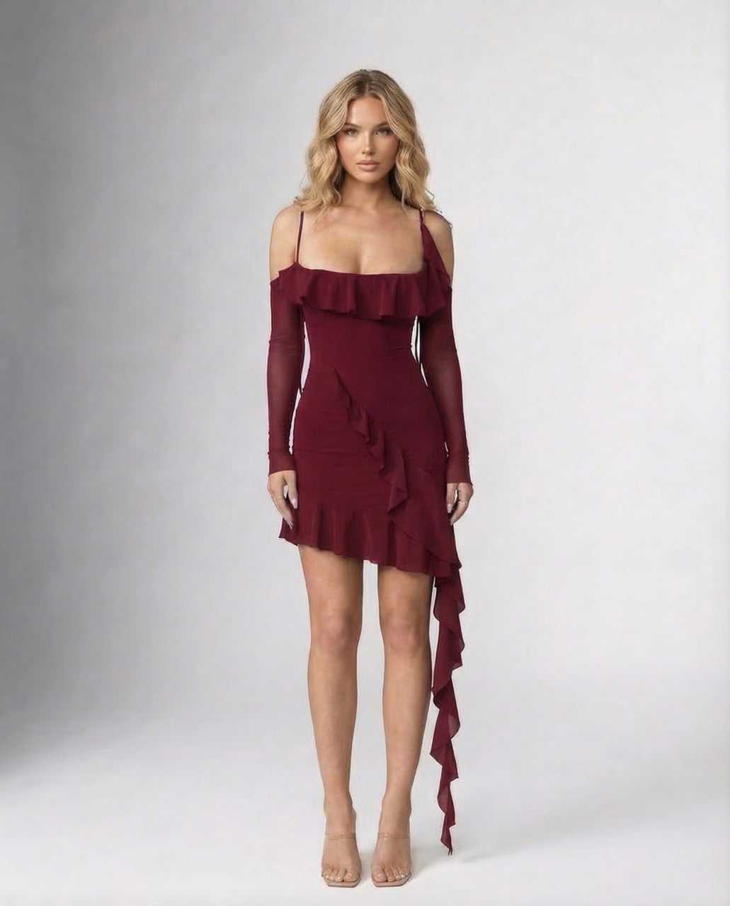Safi Mini Dress by RAMBLION, burgundy, ruffled design, elegant fit, perfect for evening outings.
