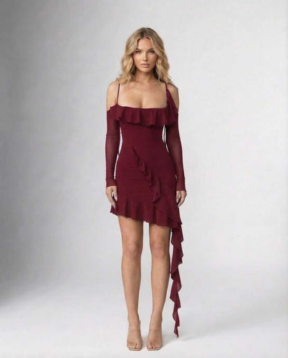Safi Mini Dress by RAMBLION, burgundy, ruffled design, elegant fit, perfect for evening outings.