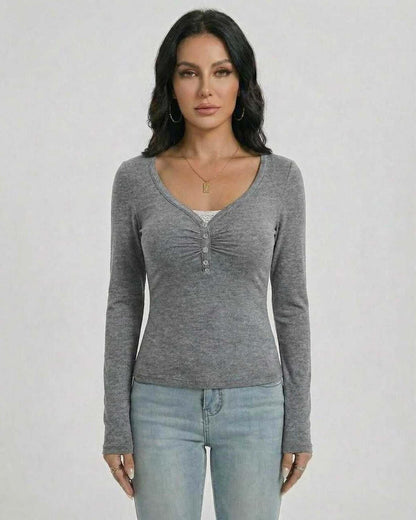 Toya Pullover in grey with V-neck, soft feel, perfect for layering or casual occasions, by RAMBLION.