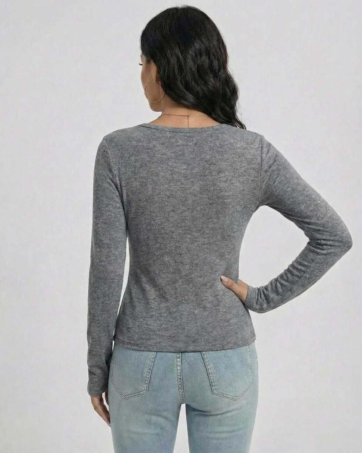 Toya Pullover back view in grey, featuring long sleeves, soft feel, perfect for casual layering by RAMBLION.