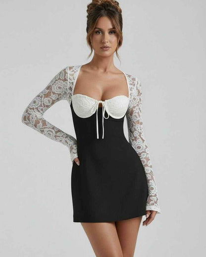 Vafy Mini Dress featuring black fabric, white lace, and elegant square neck design, perfect for chic occasions by RAMBLION.
