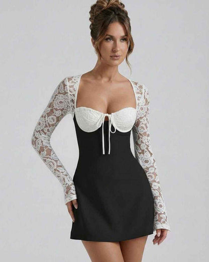 Vafy Mini Dress featuring a sleek design, square neck, lace sleeves, perfect for chic gatherings by RAMBLION.