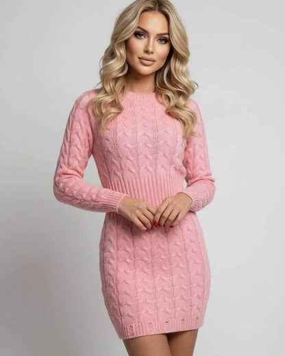 Wala Mini Dress in soft pink, round neck, cozy cable knit, perfect for casual and smart-casual occasions by RAMBLION.