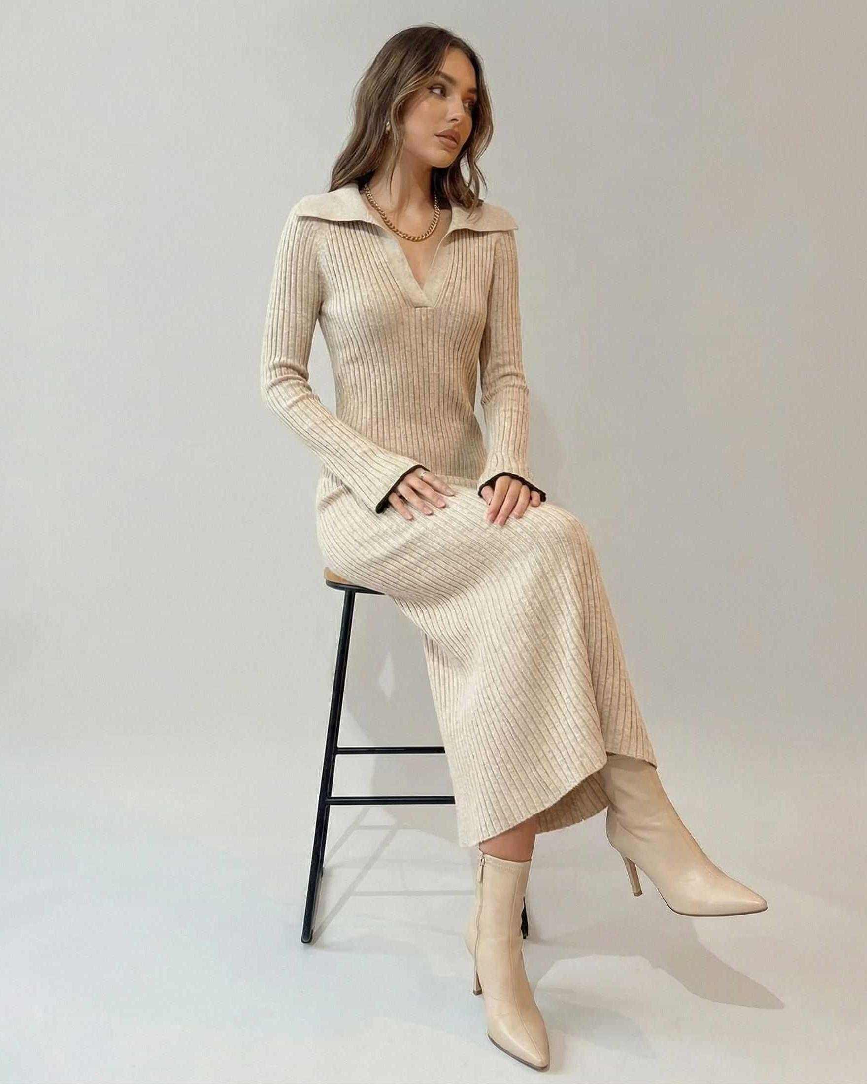 Xafa Midi Dress in beige, featuring ribbed knit fabric and V neck, perfect for casual or formal occasions by RAMBLION.