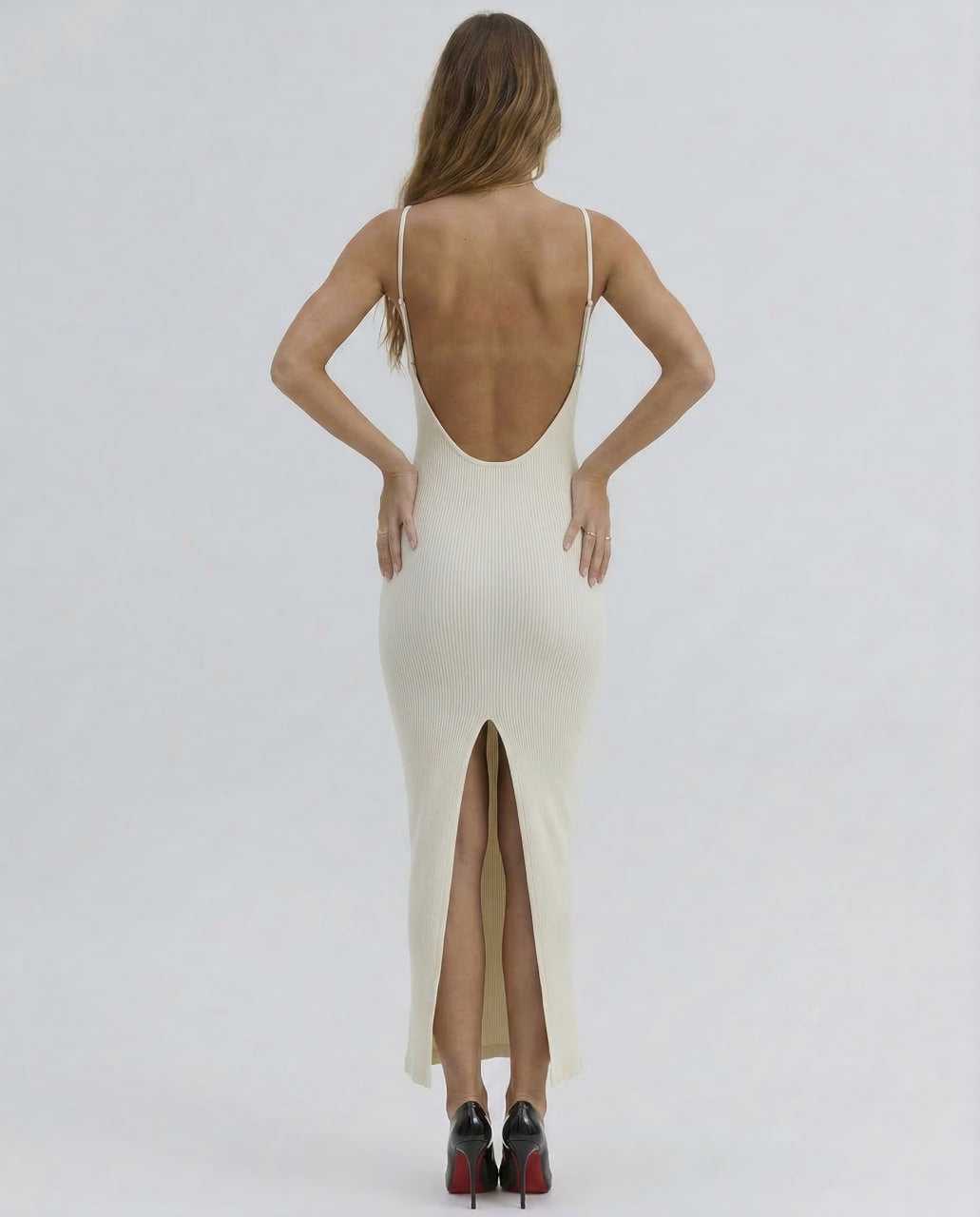Xeva Midi Dress back view, cream color, V-neck, elegant fit for summer outings, by RAMBLION.