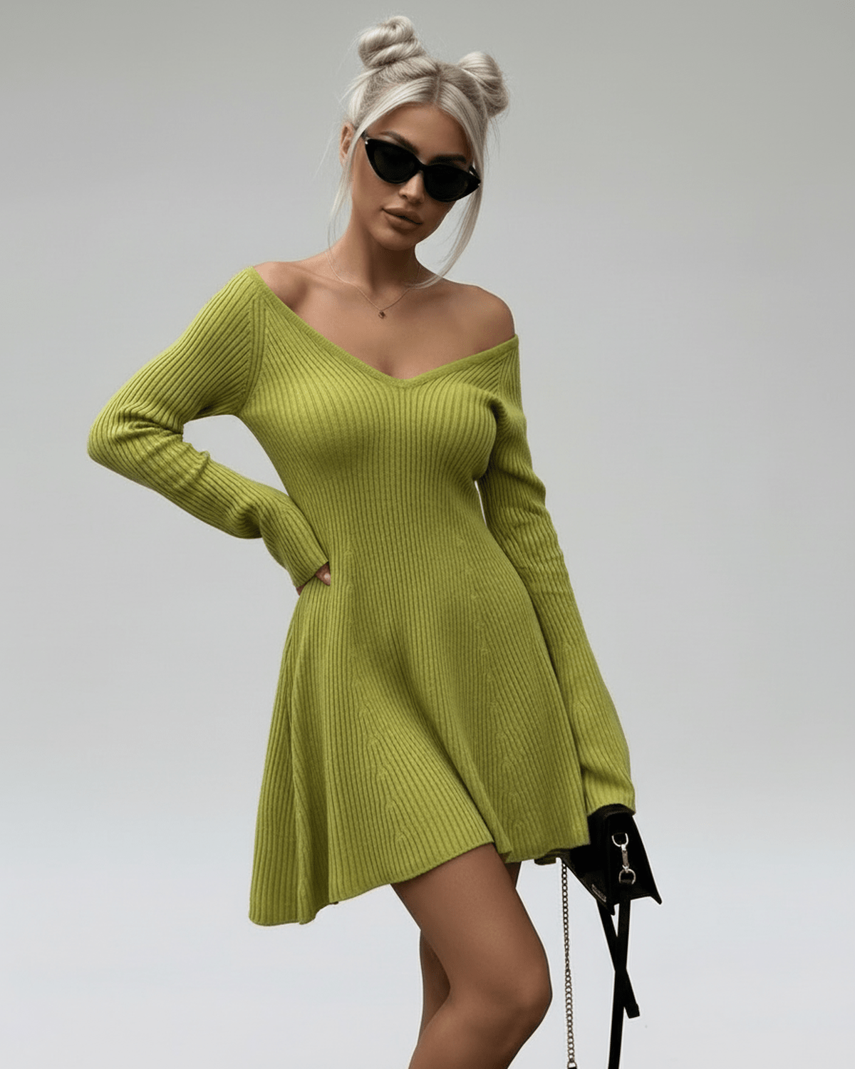 Xira Mini Dress in vibrant green, V neck, soft knit for casual and dressy occasions, by RAMBLION.