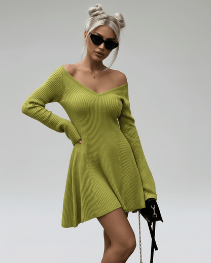 Xira Mini Dress in vibrant green, V neck, soft knit for casual and dressy occasions, by RAMBLION.