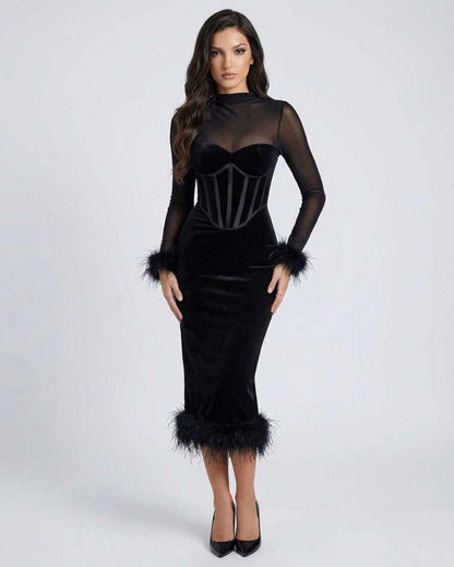 Yama Midi Dress by RAMBLION, black velvet, elegant sheath silhouette, perfect for evening glamour.