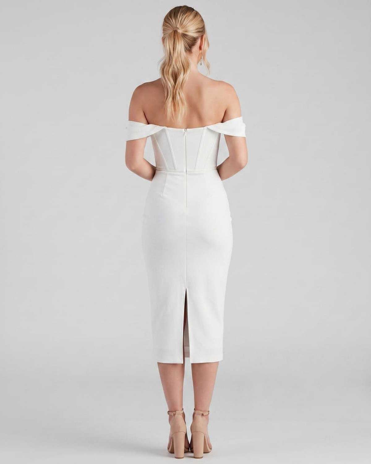 Ramblion Ada midi dress — off-shoulder neckline · side detail · styled for cocktail season
