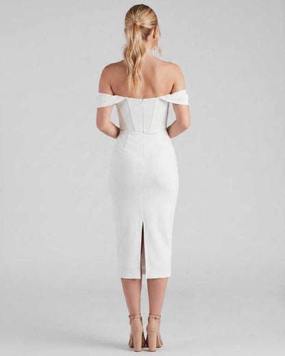 Ramblion Ada midi dress — off-shoulder neckline · side detail · styled for cocktail season