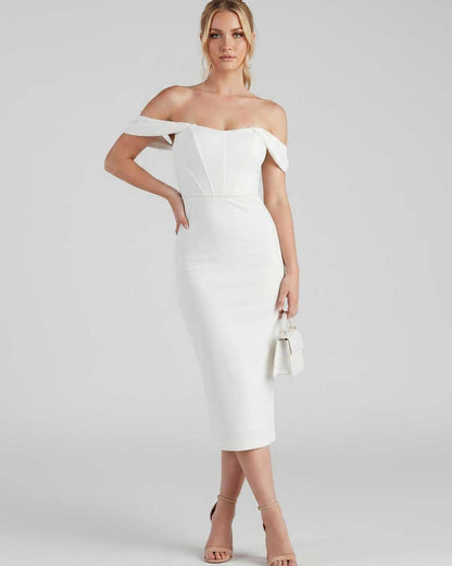 Ramblion Ada midi dress — off-shoulder neckline · fabric close-up · styled for cocktail season