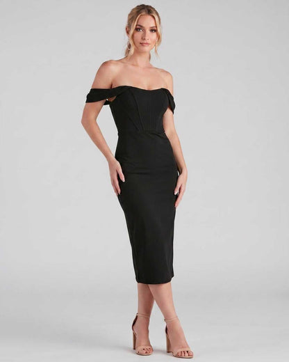 Ramblion Ada midi dress — off-shoulder neckline · styled view 8 · styled for cocktail season