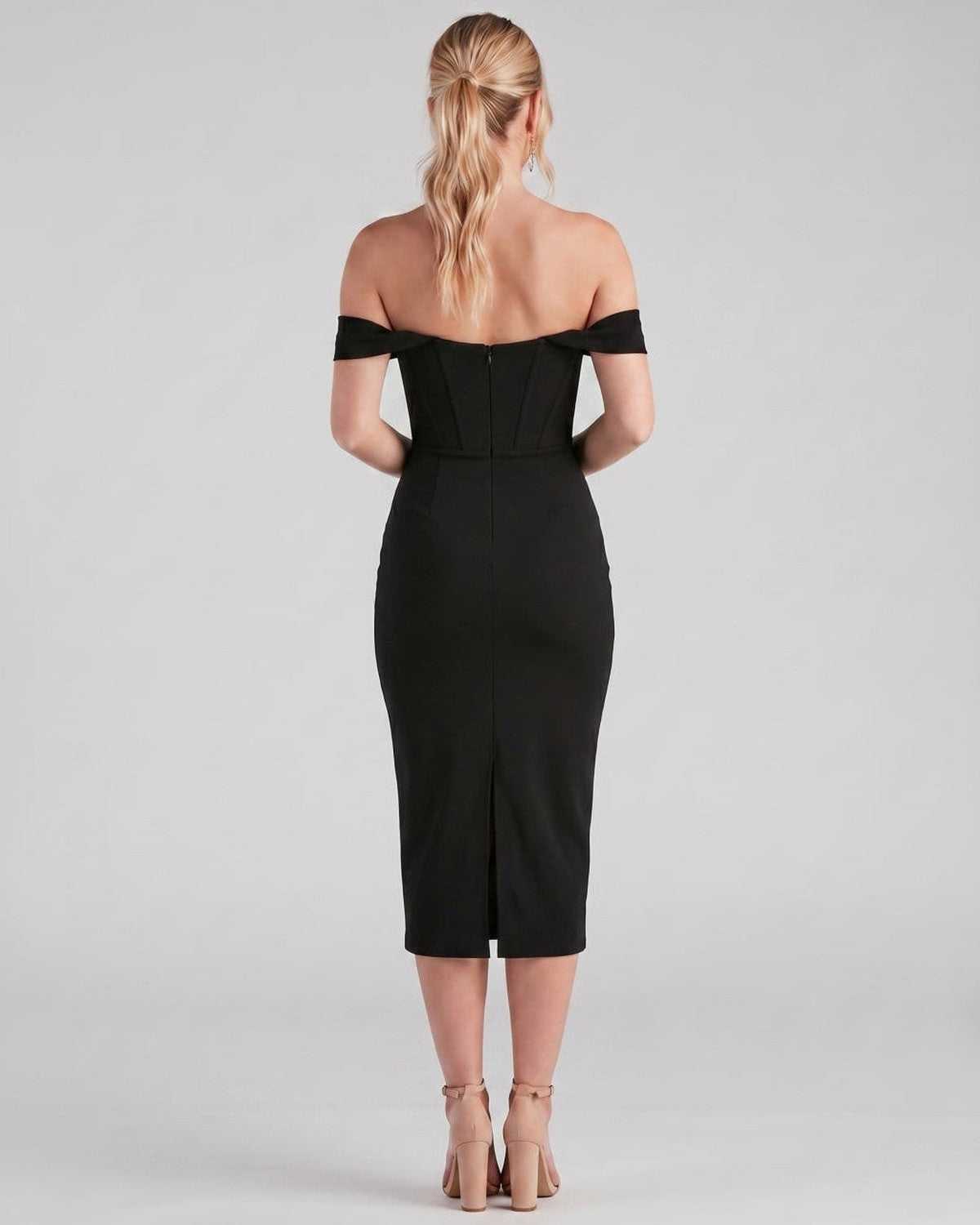 Ramblion Ada midi dress — off-shoulder neckline · styled view 9 · styled for cocktail season