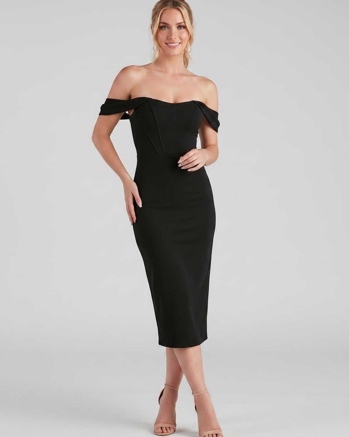 Ramblion Ada midi dress — off-shoulder neckline · styled view 10 · styled for cocktail season