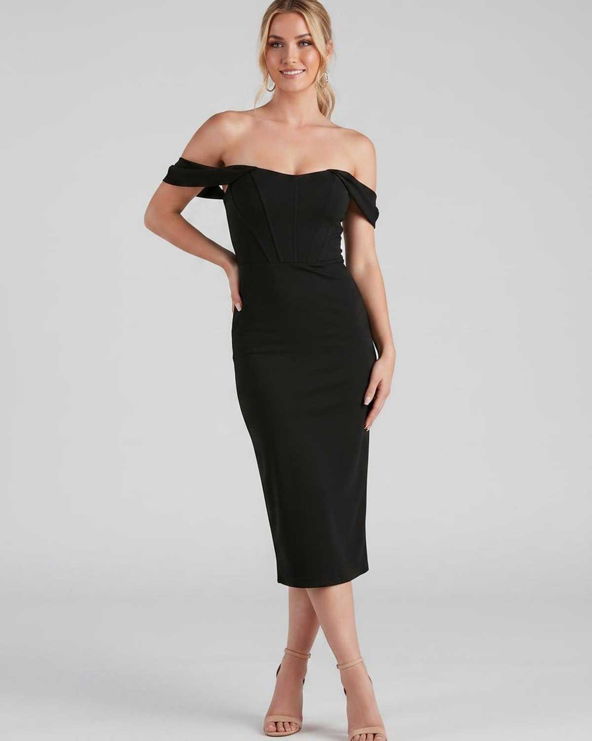 Ramblion Ada midi dress — off-shoulder neckline · styled view 11 · styled for cocktail season