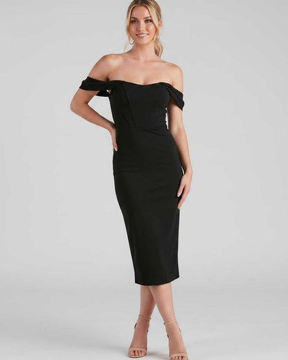 Ramblion Ada midi dress — off-shoulder neckline · styled view 11 · styled for cocktail season