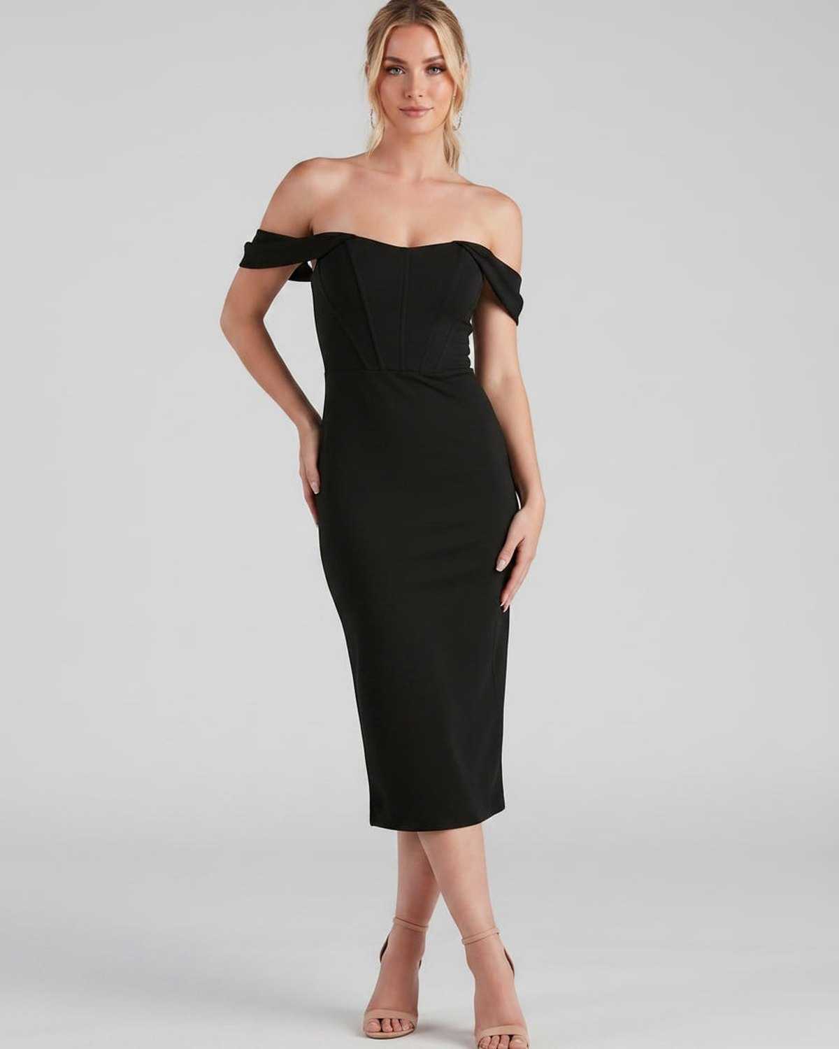 Ramblion Ada midi dress — off-shoulder neckline · styled view 12 · styled for cocktail season