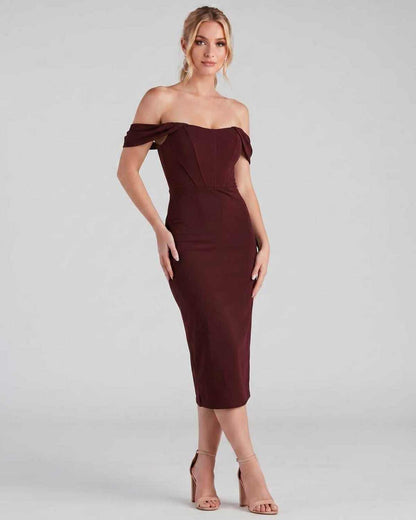 Ramblion Ada midi dress — off-shoulder neckline · styled view 14 · styled for cocktail season