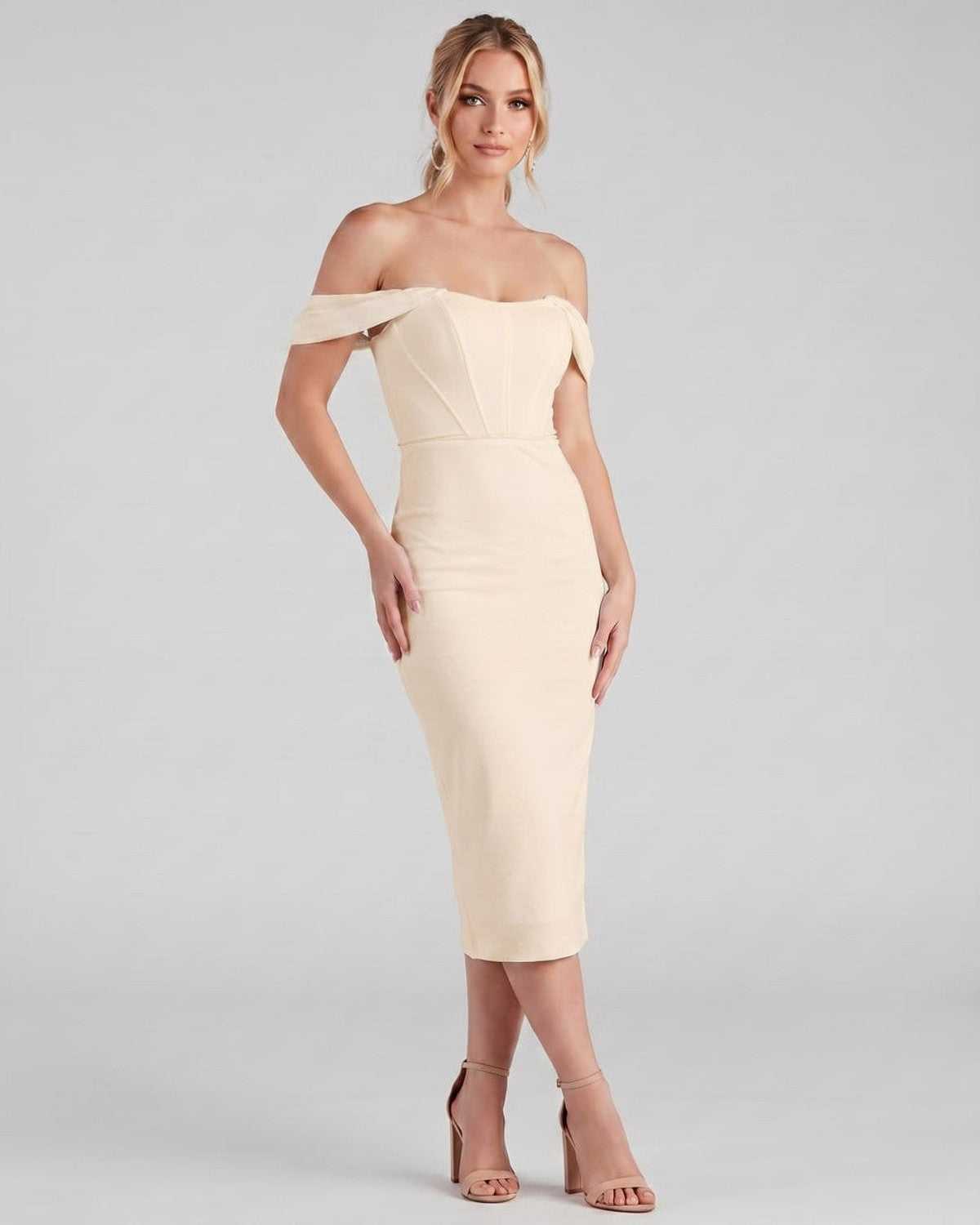 Ramblion Ada midi dress — off-shoulder neckline · styled view 20 · styled for cocktail season