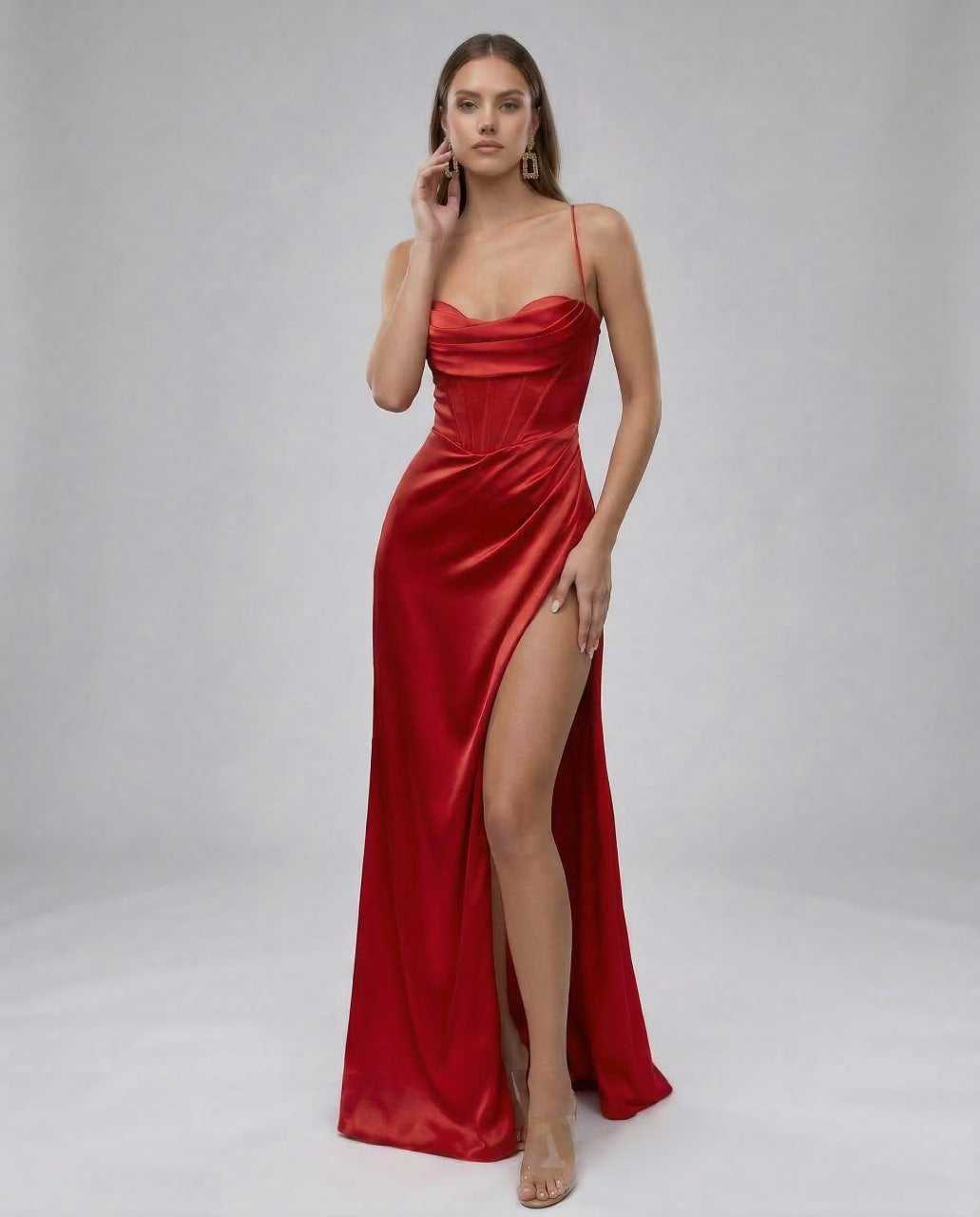 Alba Maxi Dress red ankle-length strapless satin dress by RAMBLION, elegant silhouette for special occasions.