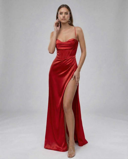 Alba Maxi Dress red ankle-length strapless satin dress by RAMBLION, elegant silhouette for special occasions.