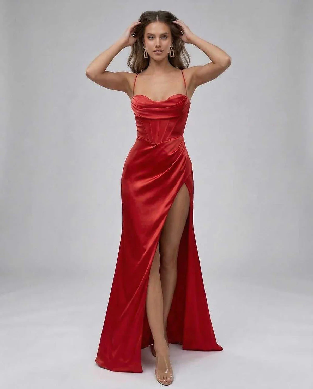 Red Satin Gown Strapless Maxi Dress | Black-Tie Events, front view | Ramblion | SKU: LMD-482910374-red-L-8982,LMD-482910374-red-M-2081,LMD-482910374-red-S-3837,LMD-482910374-red-XL-5383,LMD-482910374-red-XS-2843