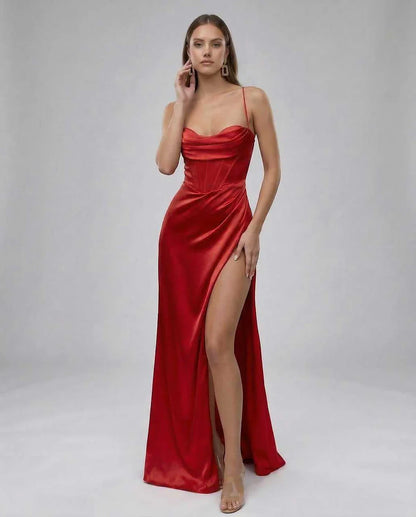 Red Satin Gown Strapless Maxi Dress | Black-Tie Events, front view | Ramblion | SKU: LMD-482910374-red-L-8982,LMD-482910374-red-M-2081,LMD-482910374-red-S-3837,LMD-482910374-red-XL-5383,LMD-482910374-red-XS-2843