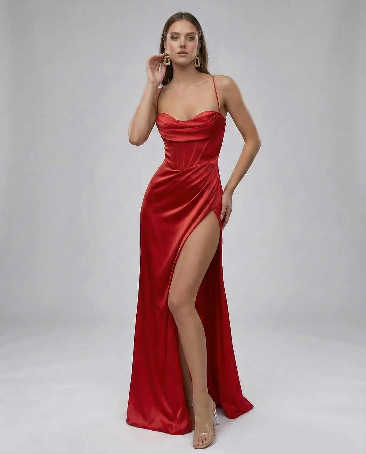 Red Satin Gown Strapless Maxi Dress | Black-Tie Events, front view | Ramblion | SKU: LMD-482910374-red-L-8982,LMD-482910374-red-M-2081,LMD-482910374-red-S-3837,LMD-482910374-red-XL-5383,LMD-482910374-red-XS-2843