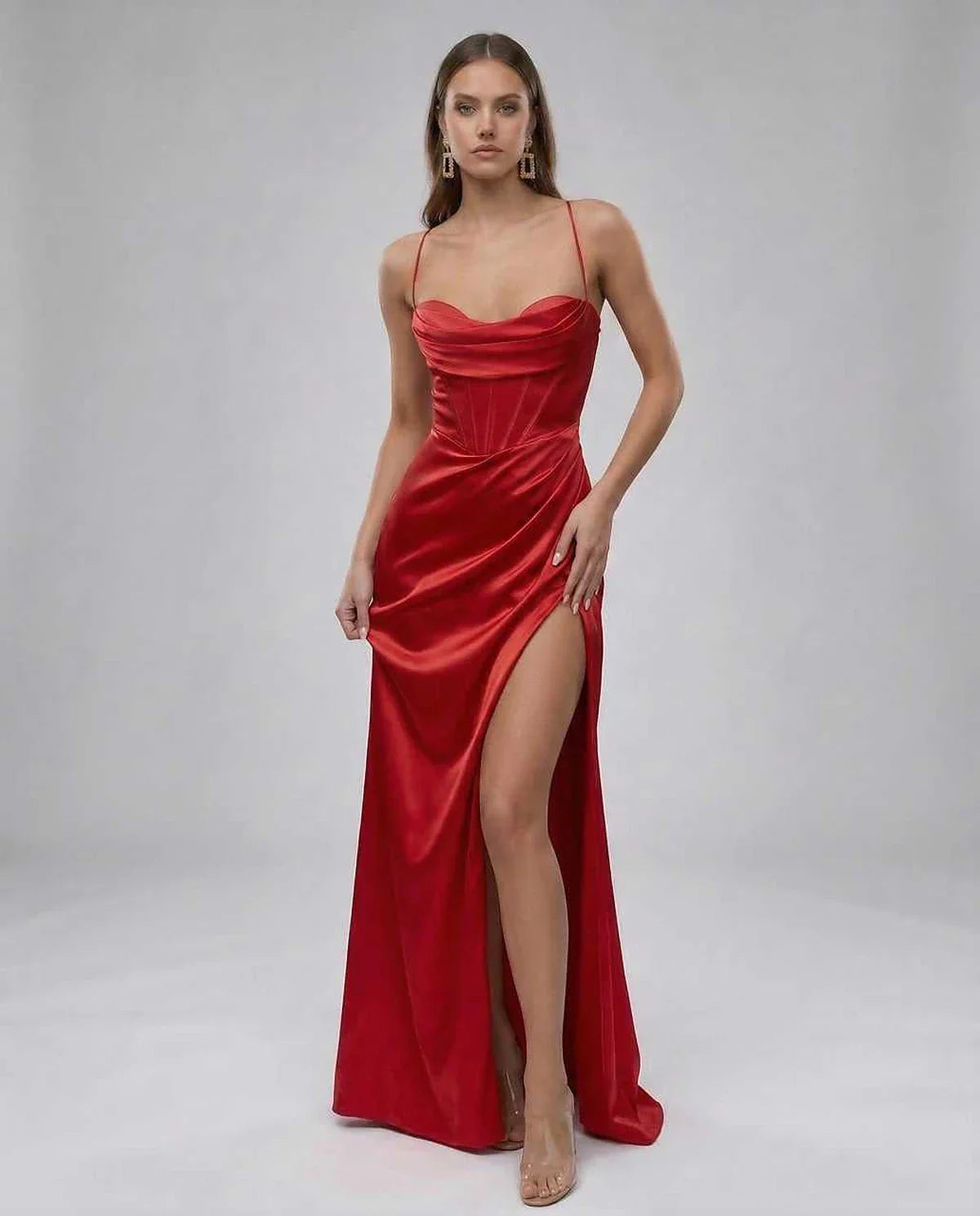 Red Satin Gown Strapless Maxi Dress | Black-Tie Events, front view | Ramblion | SKU: LMD-482910374-red-L-8982,LMD-482910374-red-M-2081,LMD-482910374-red-S-3837,LMD-482910374-red-XL-5383,LMD-482910374-red-XS-2843