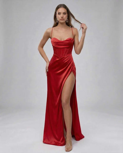 Red Satin Gown Strapless Maxi Dress | Black-Tie Events, front view | Ramblion | SKU: LMD-482910374-red-L-8982,LMD-482910374-red-M-2081,LMD-482910374-red-S-3837,LMD-482910374-red-XL-5383,LMD-482910374-red-XS-2843