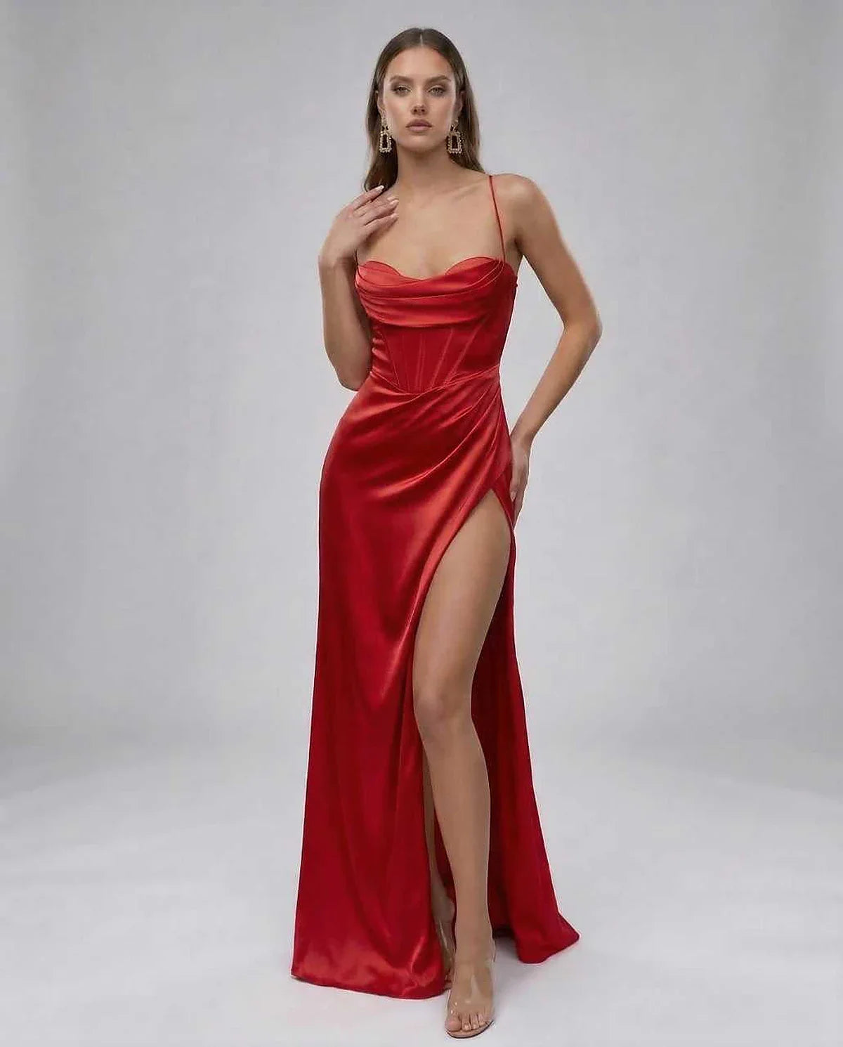 Red Satin Gown Strapless Maxi Dress | Black-Tie Events, front view | Ramblion | SKU: LMD-482910374-red-L-8982,LMD-482910374-red-M-2081,LMD-482910374-red-S-3837,LMD-482910374-red-XL-5383,LMD-482910374-red-XS-2843