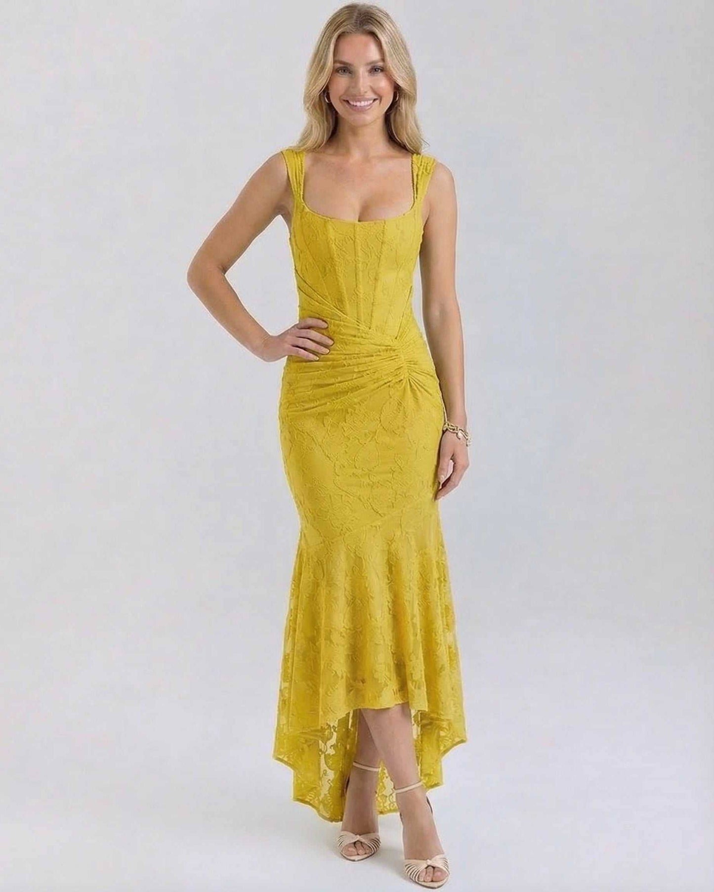 Alma Maxi Dress - Elegant yellow ankle-length dress by RAMBLION, perfect for warm occasions with a luxurious feel.