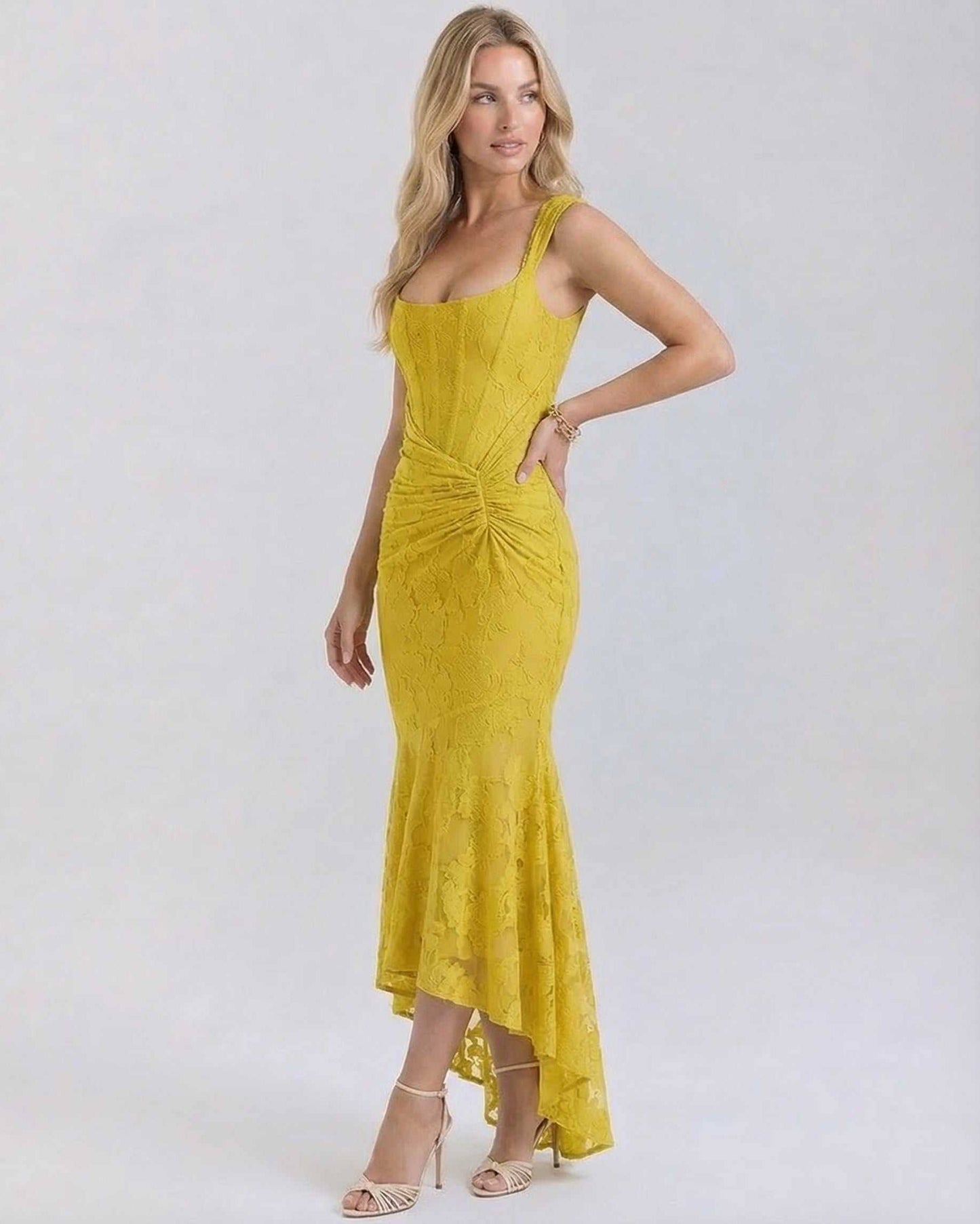 Alma Maxi Dress in yellow satin, square neck, elegant for warmer days by RAMBLION.