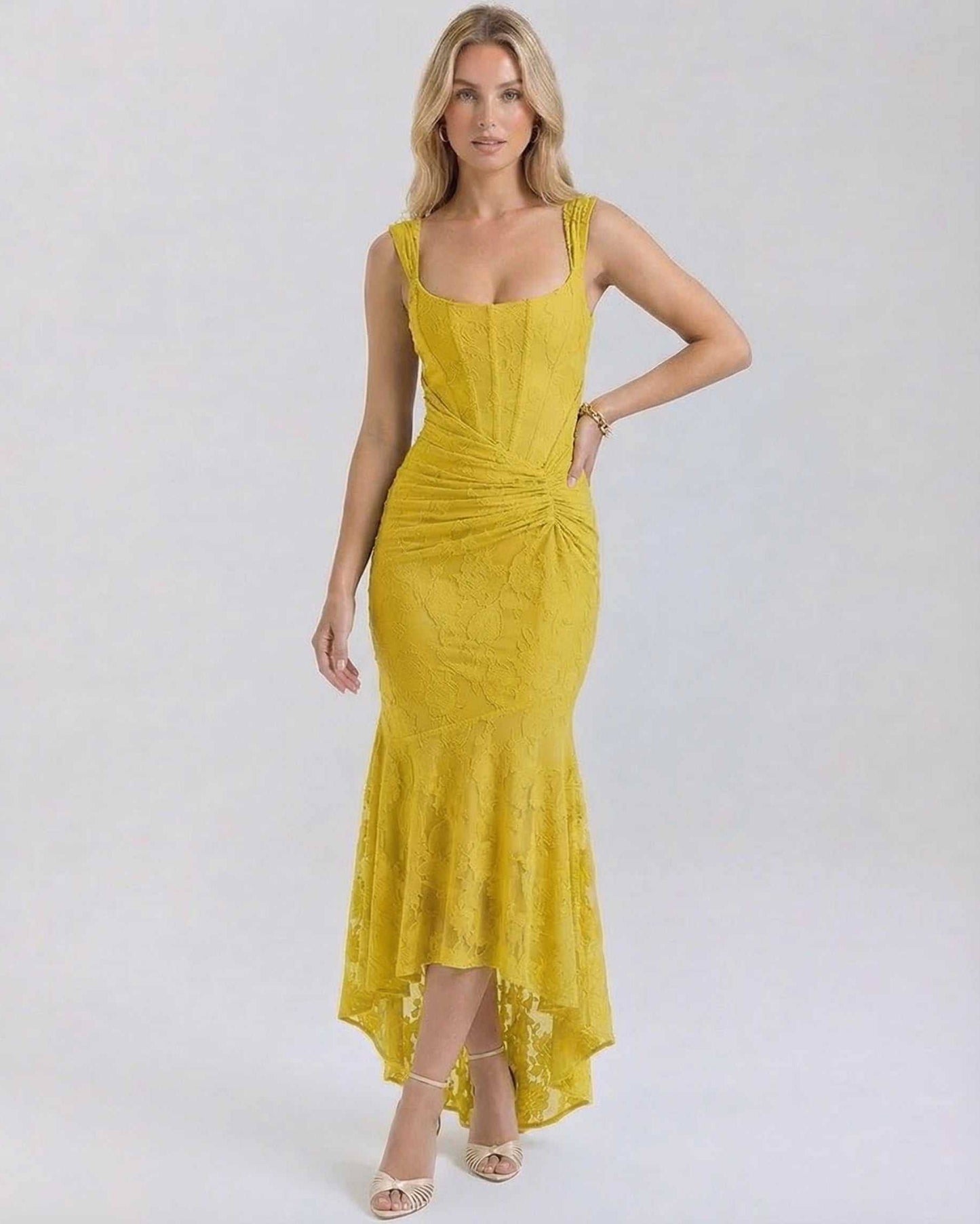 Alma Maxi Dress in vibrant yellow, elegant silhouette for warm occasions by RAMBLION.