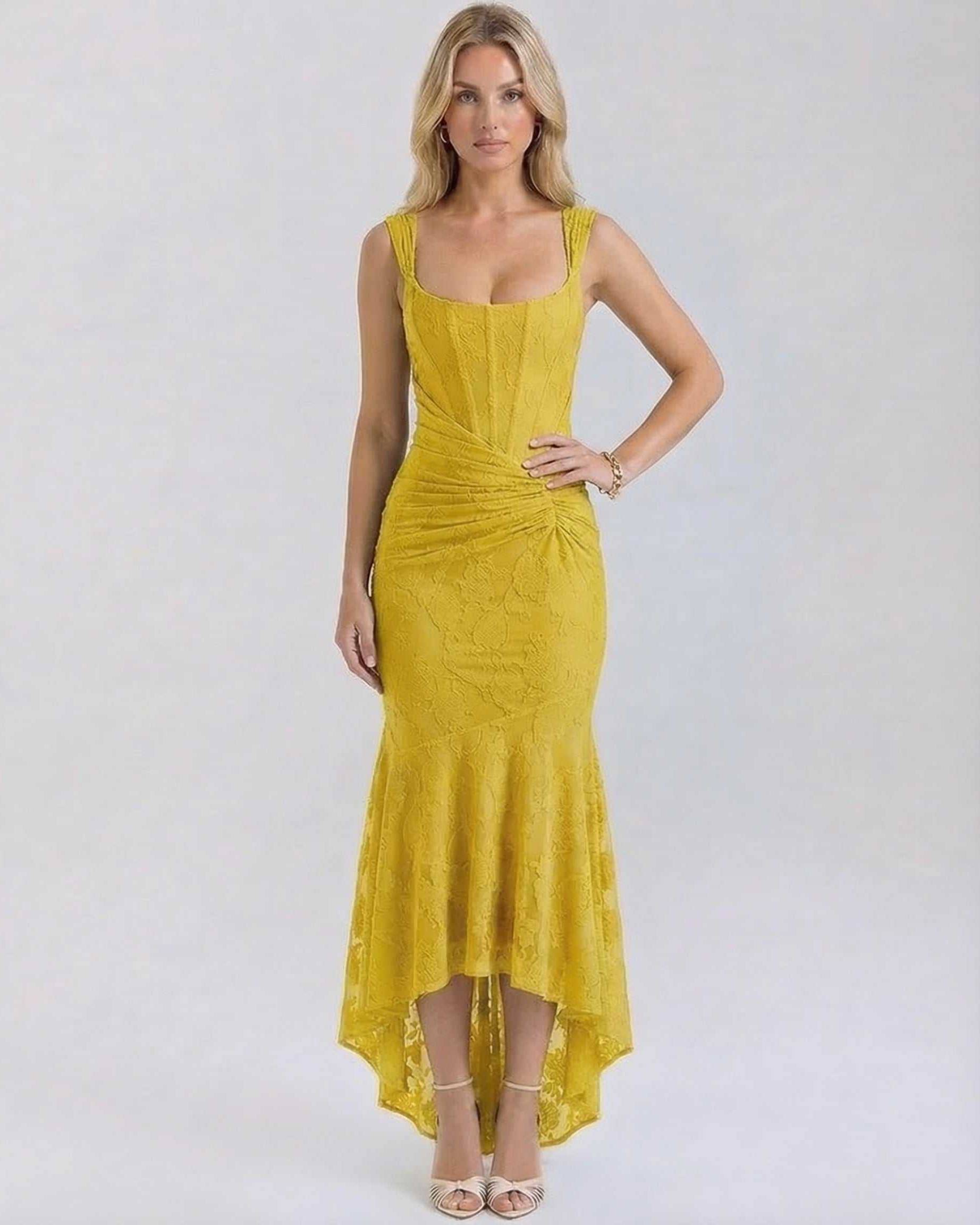 Alma Maxi Dress in yellow satin, elegant and comfortable for warm occasions, by RAMBLION.
