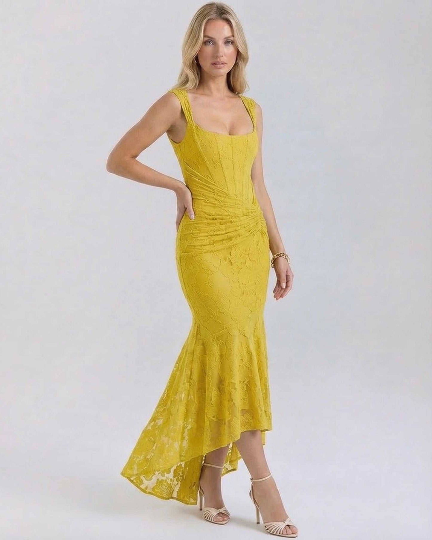 Alma Maxi Dress in stunning yellow, ankle-length, square neck, perfect for elegant occasions by RAMBLION.