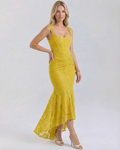 Alma Maxi Dress in stunning yellow, ankle-length, square neck, perfect for elegant occasions by RAMBLION.