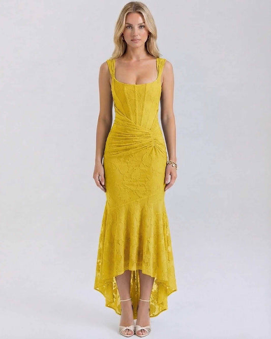 Alma Maxi Dress by RAMBLION, elegant yellow ankle-length dress, square neck, perfect for warm occasions.
