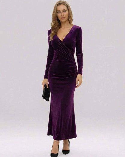 Amara Maxi Dress in regal purple velvet, showcasing a slim fit silhouette and V-neckline by RAMBLION.