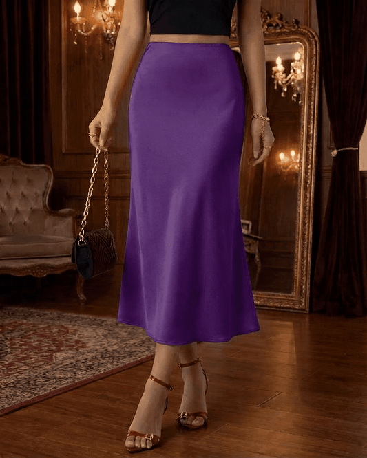 Amethyst Midi Skirt in vibrant purple, elegant satin mermaid style, perfect for modern wardrobes.
