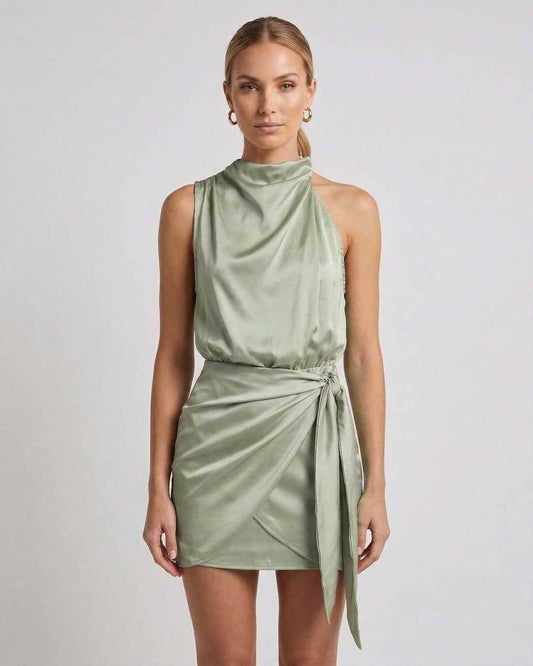 Ami Mini Dress in soft sage green satin, high neck design, perfect for upscale events by RAMBLION.