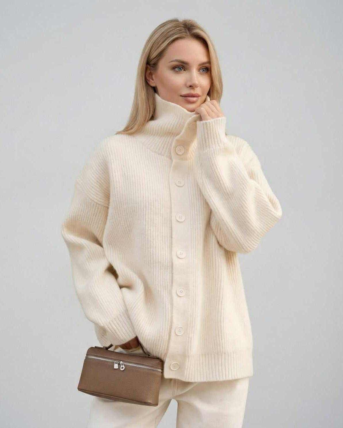 Ana Sweater by RAMBLION - Cozy ribbed white sweater with turtleneck, ideal for chilly evenings and stylish outings.