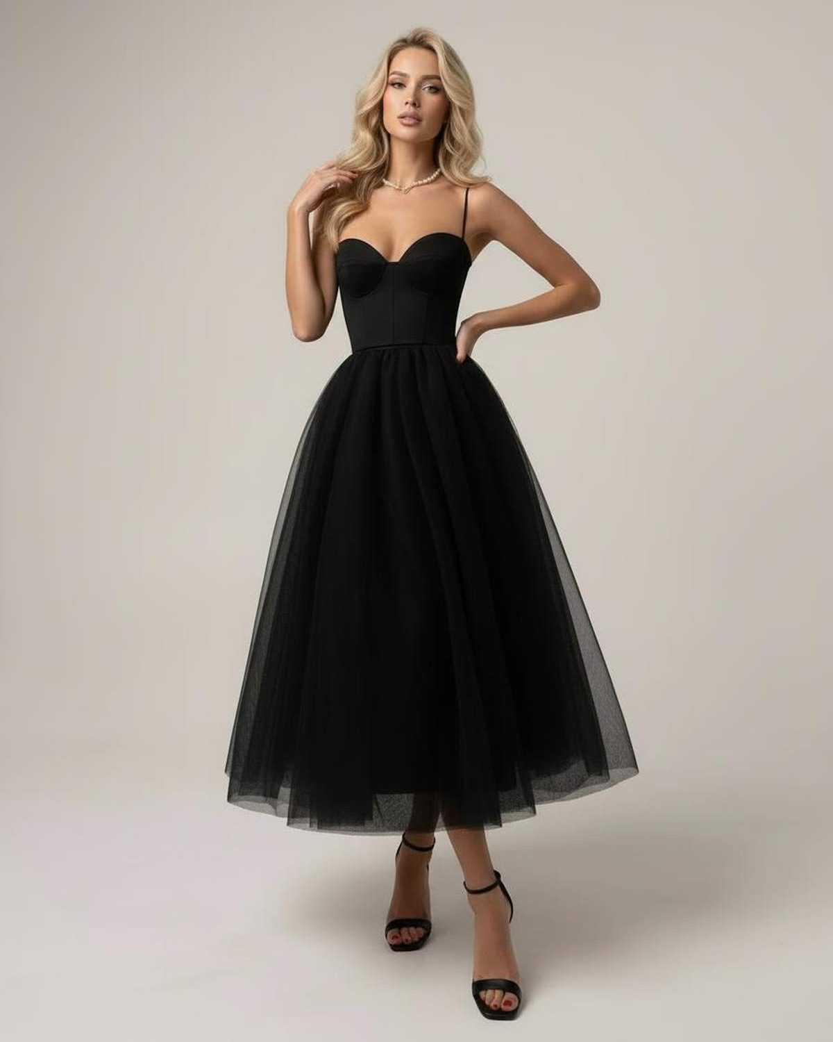 Ancy Midi Dress by RAMBLION, elegant black tulle, strapless corset bodice, perfect for special occasions.